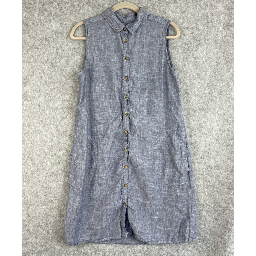 Tahari Linen Sheath Shirtdress Women Large Blue Sleeveless Pocket Coastal Casual